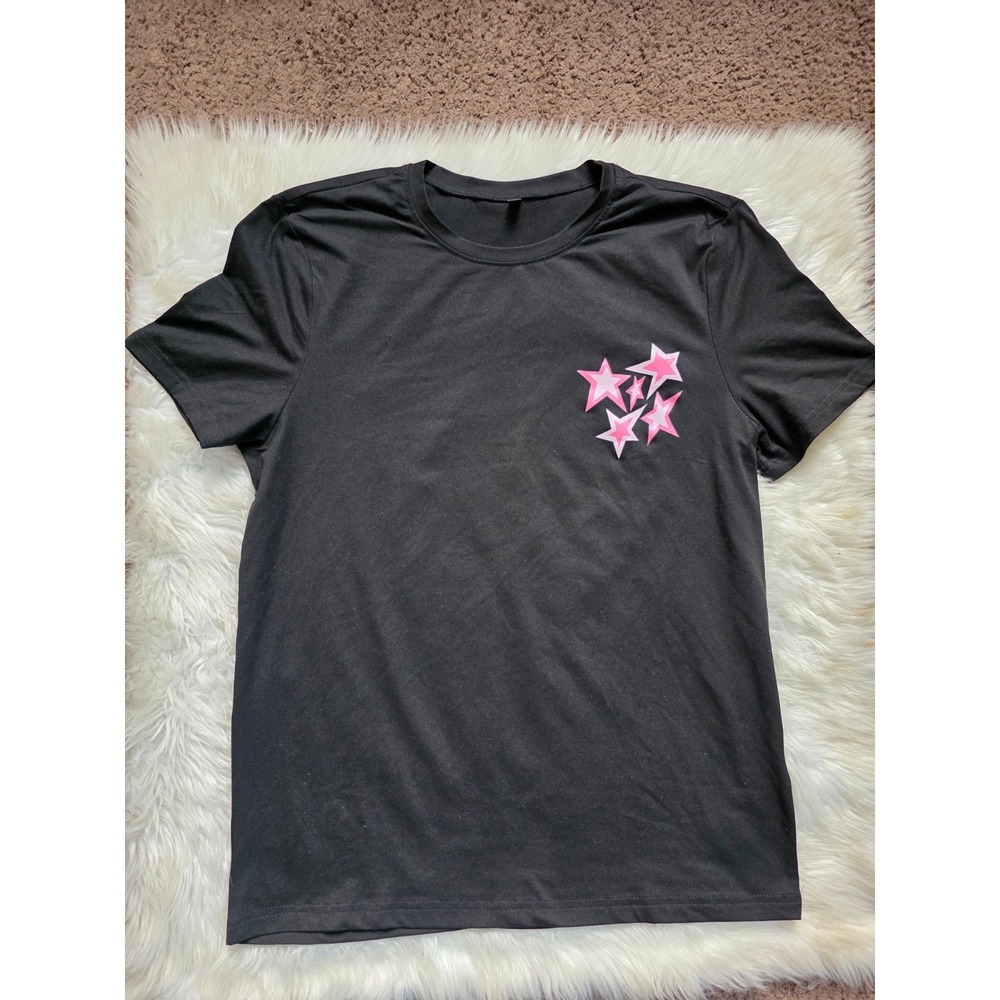 Womens XS True Blue Will Never Strain Black Pink Stars Graphic T Shirt